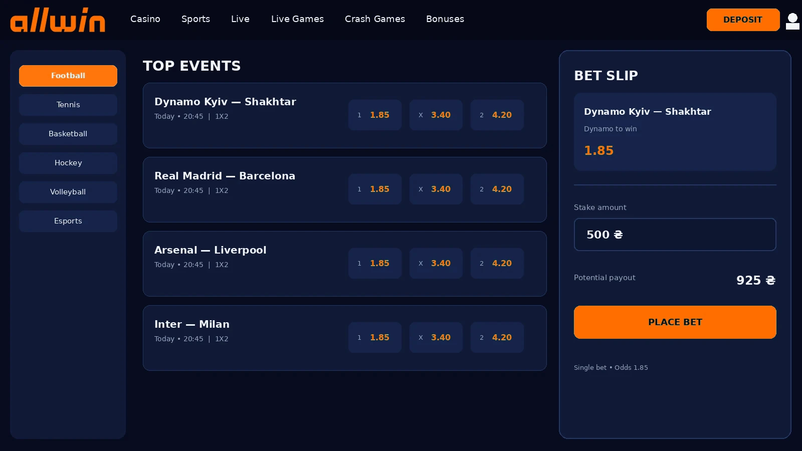 AllWin bet slip with accumulator odds