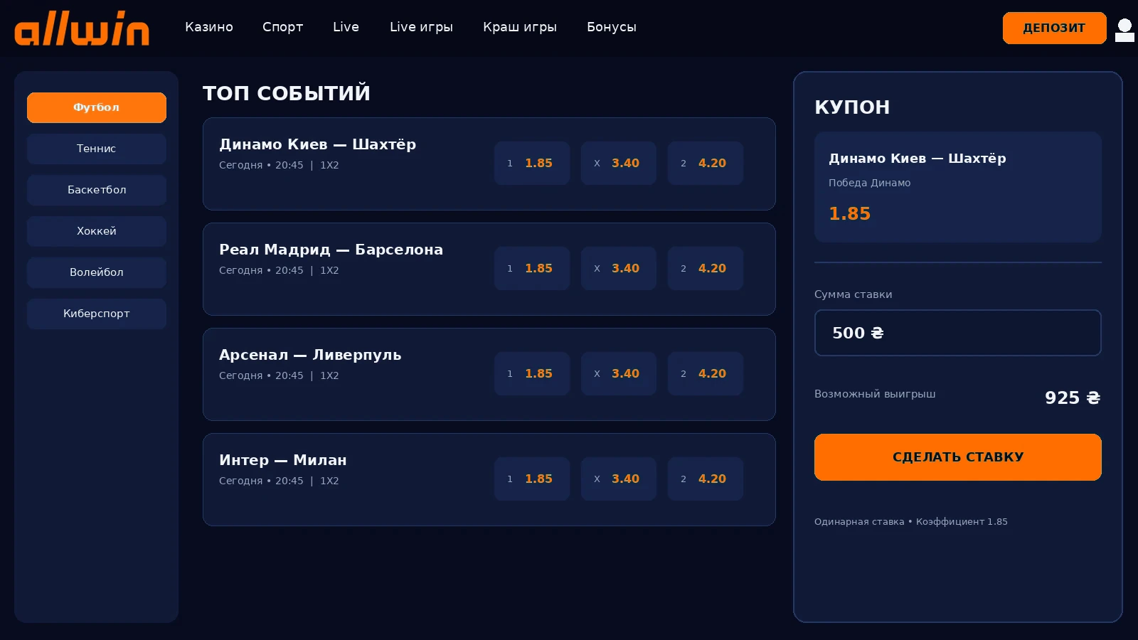 Купон ставки AllWin с коэффициентами экспресса