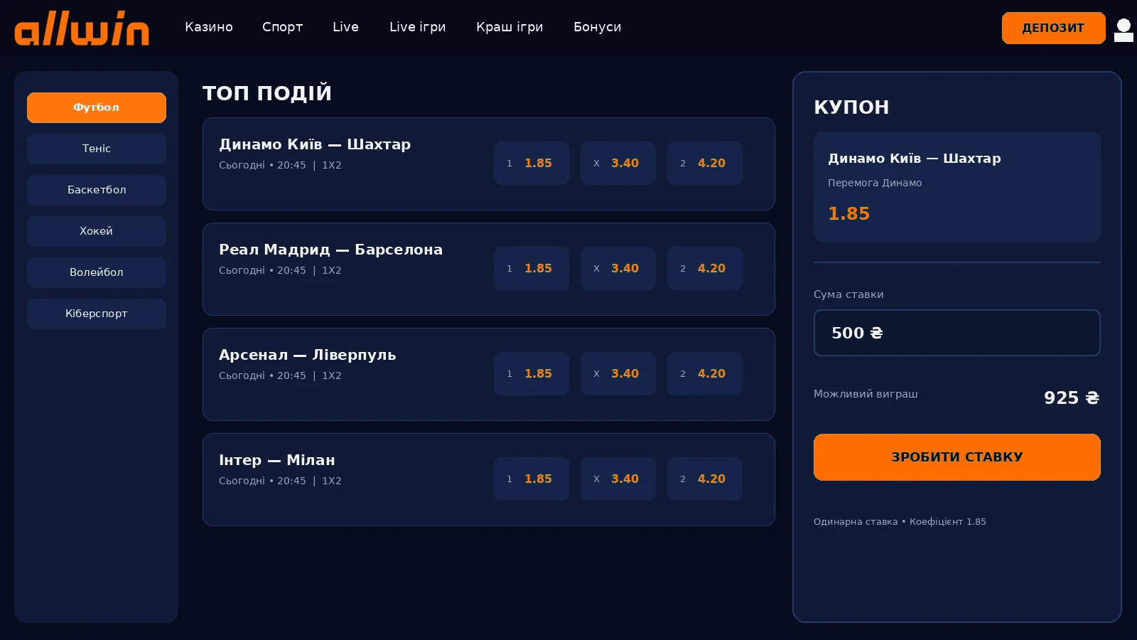 Купон ставки AllWin з коефіцієнтами експресу