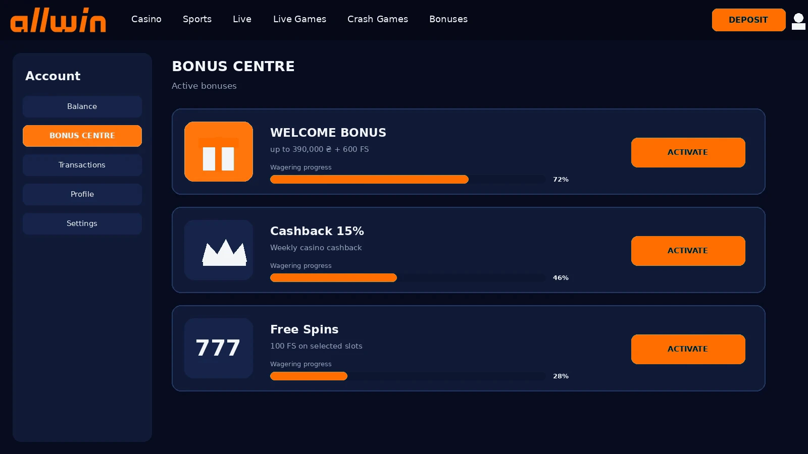 AllWin bonus centre showing wagering rollover status