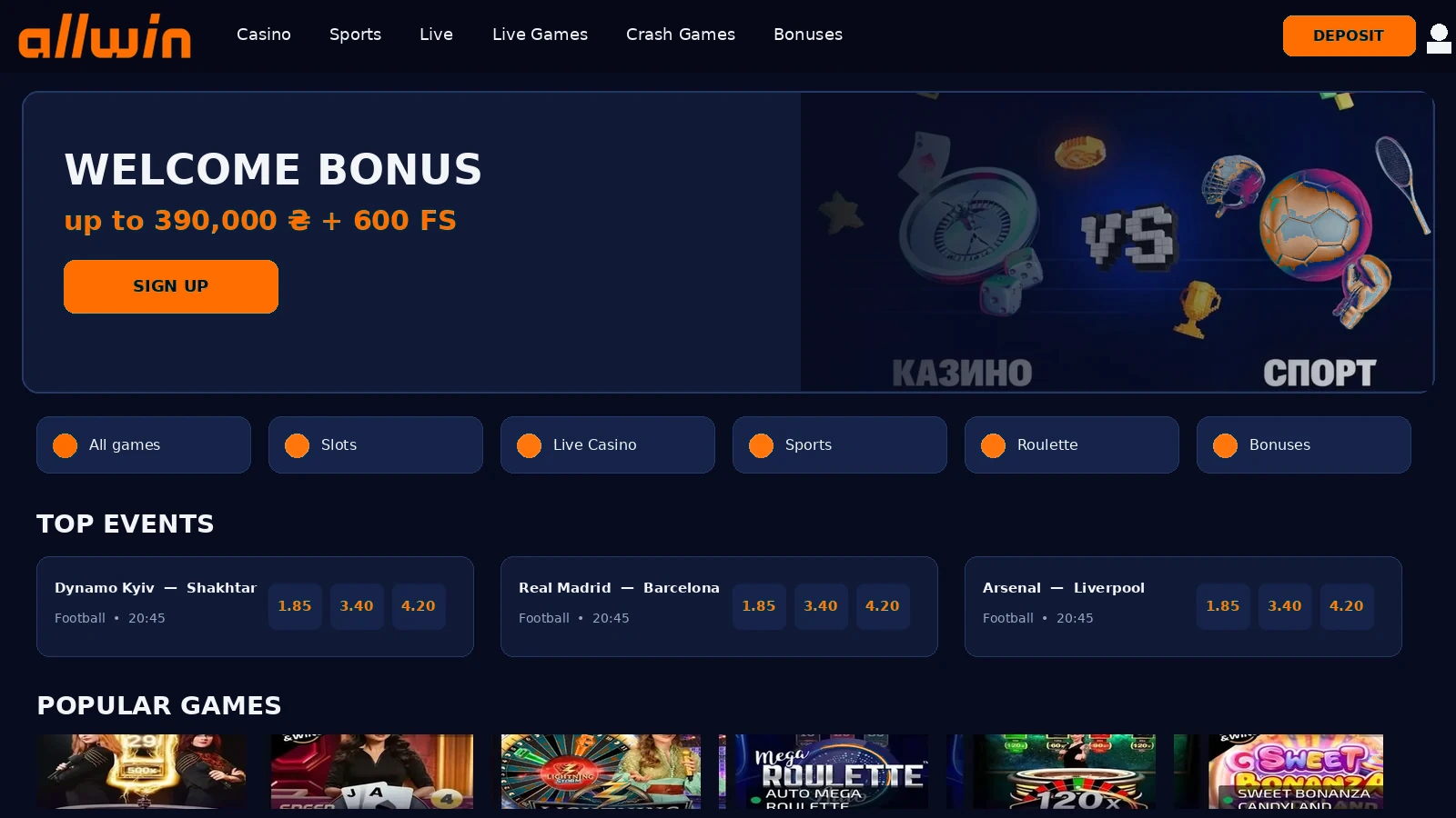 AllWin homepage with sports and casino sections