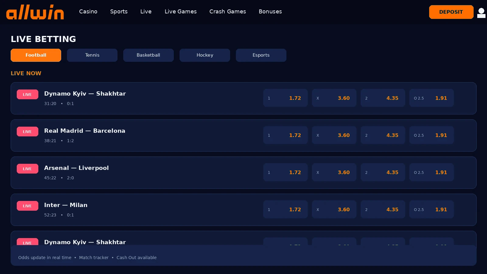 AllWin live section with real-time odds and cash-out