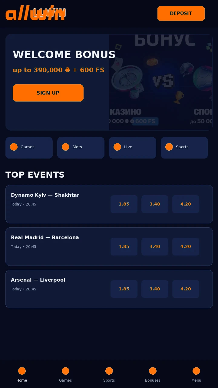 AllWin mobile app for Android on a smartphone screen