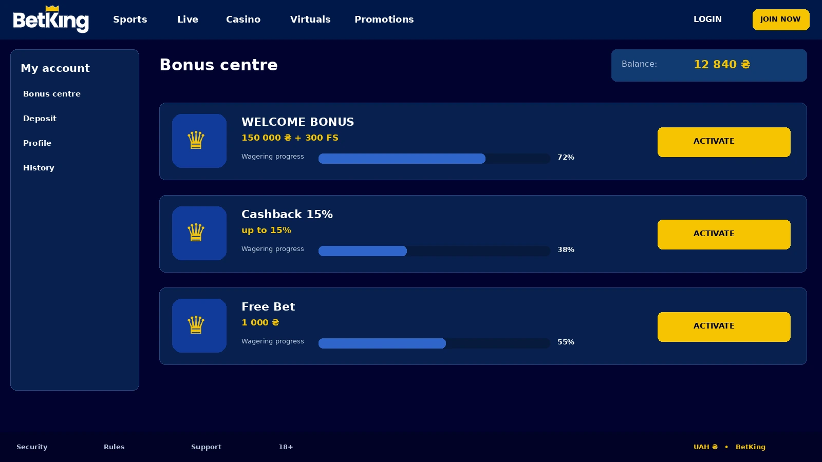 Personal account with the online casino's bonus center