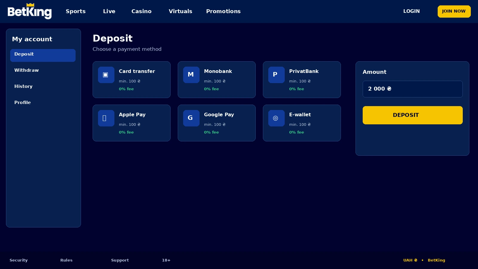 Deposit methods and cashier of the BetKing online casino