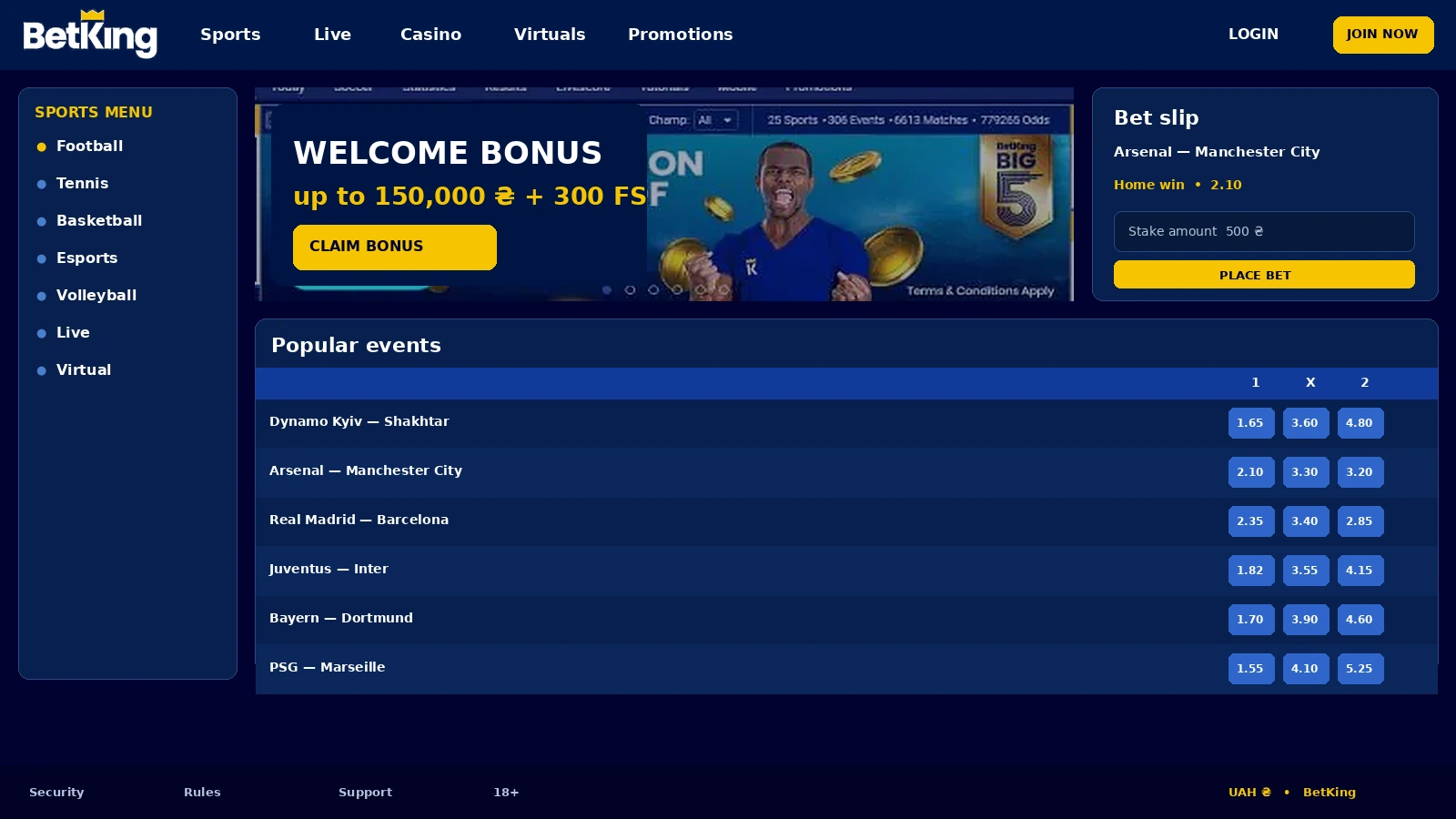 Football betting line in the Bet King sportsbook section