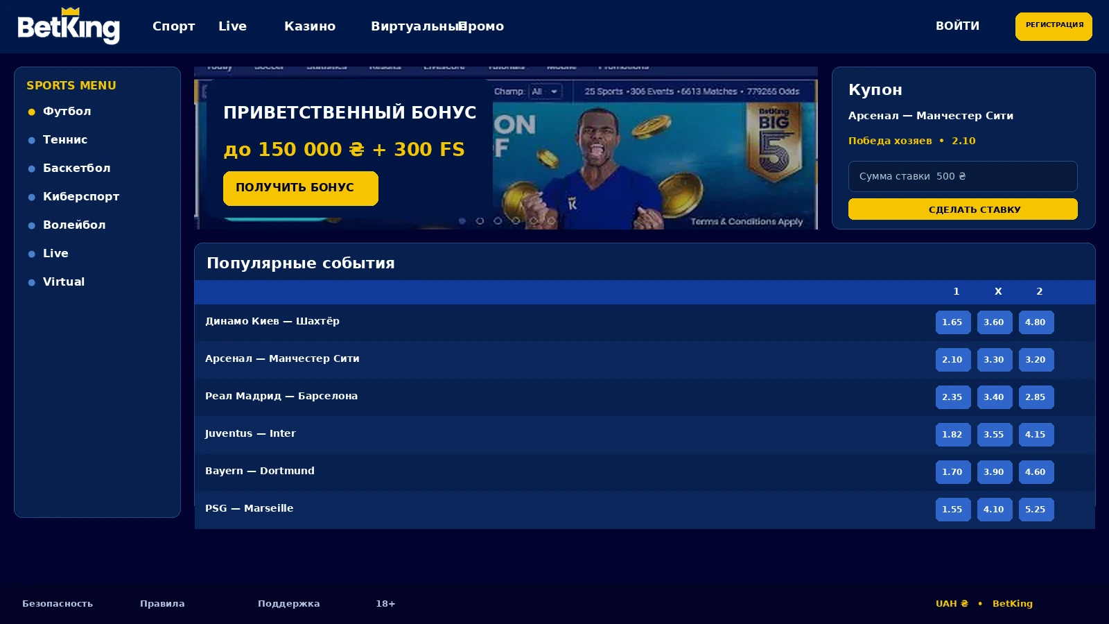 Линия ставок на футбол в букмекерском разделе Бет Кинг
