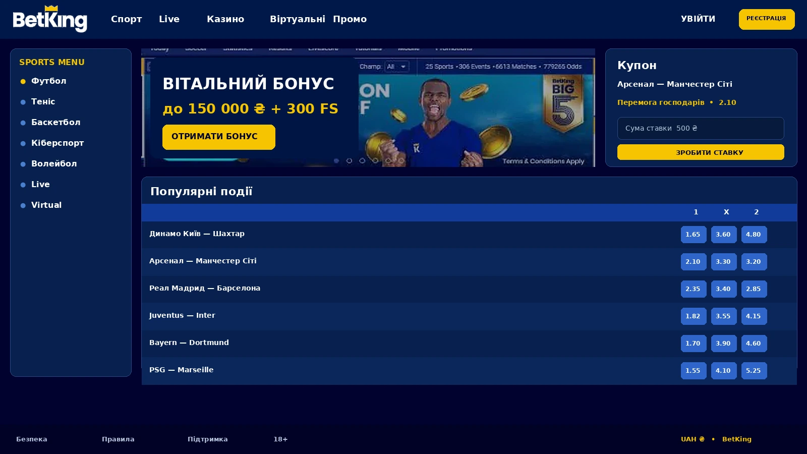Лінія ставок на футбол у букмекерському розділі Бет Кінг