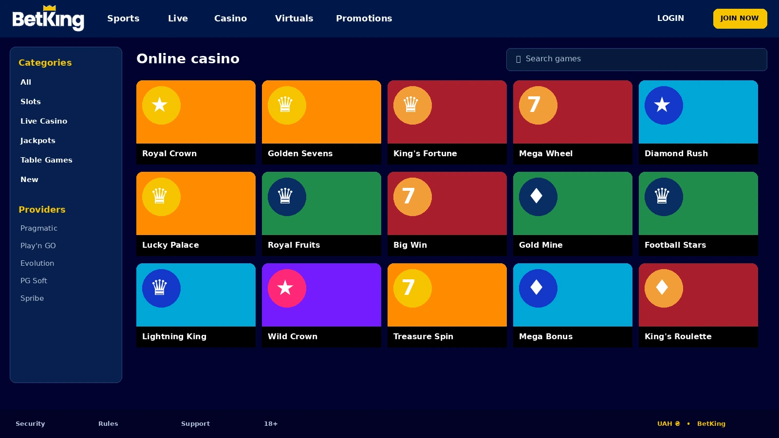 BetKing online casino slots catalog on the homepage