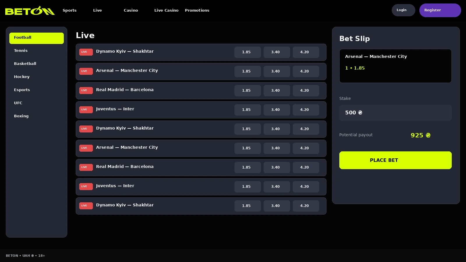 Bet slip with a wager and an added event on the BETON platform