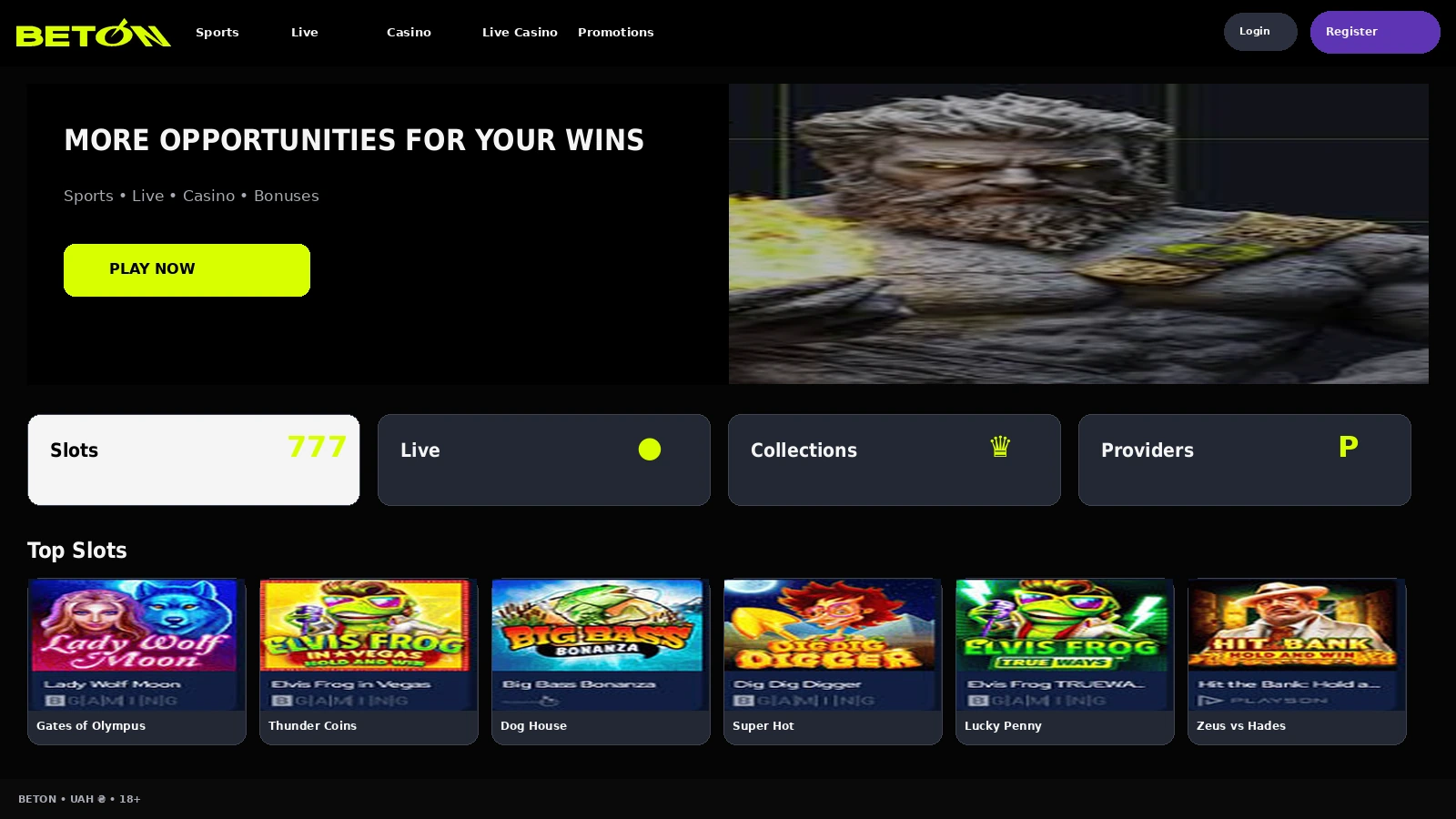 BETON homepage with casino and sports betting sections