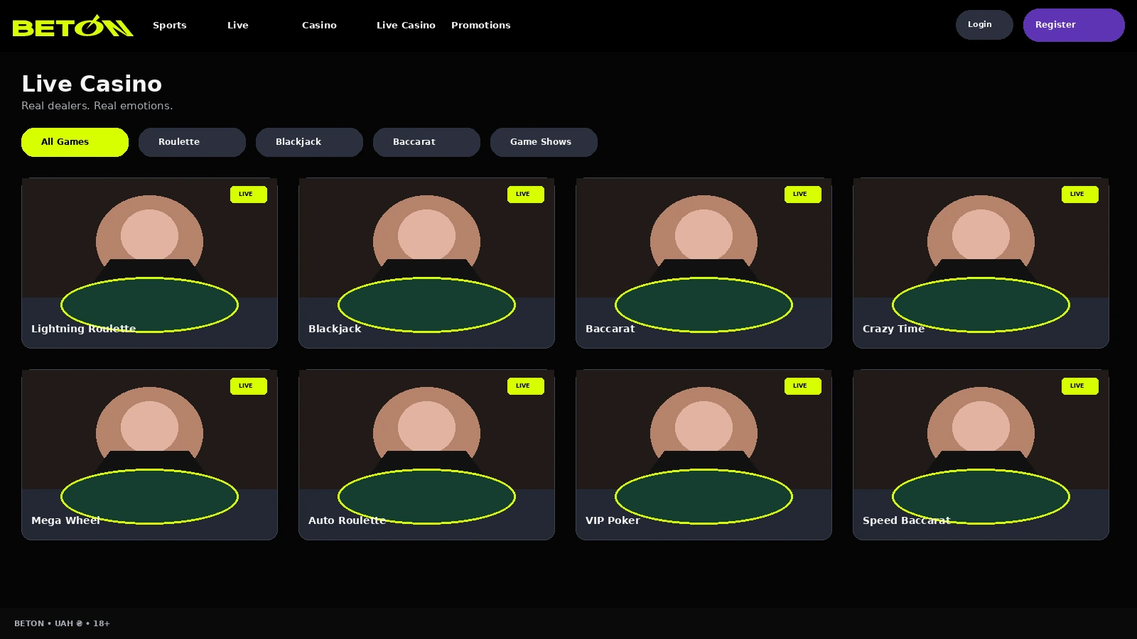 BETON live section with real-time match odds