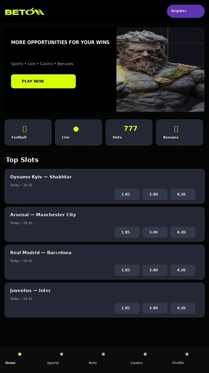 BETON mobile version on a smartphone with the betting section