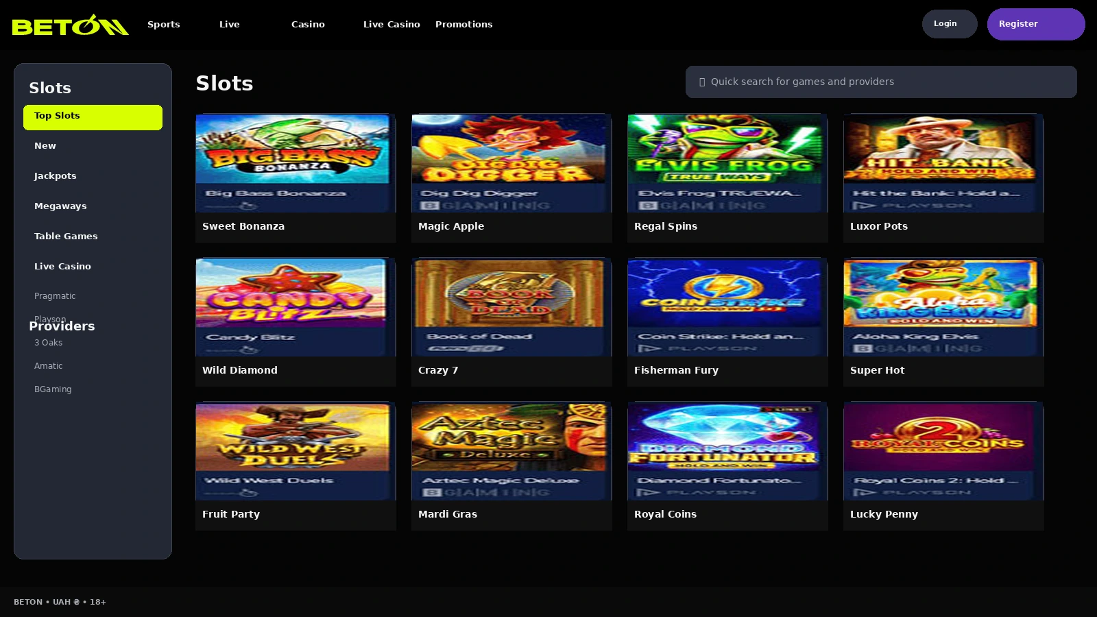 Slot catalog in the BETON casino with provider filters