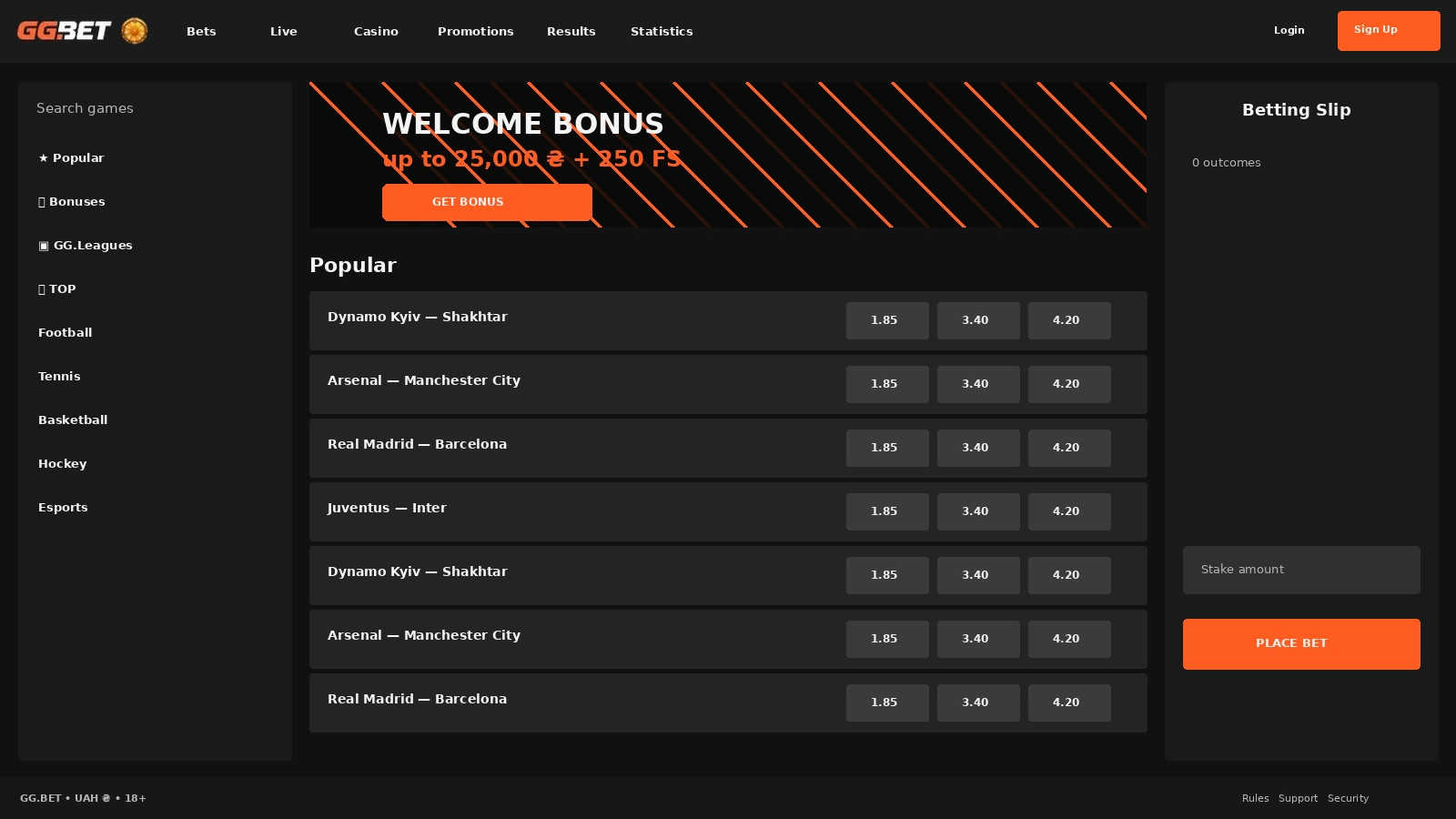 GGBet homepage with sports, esports and casino sections