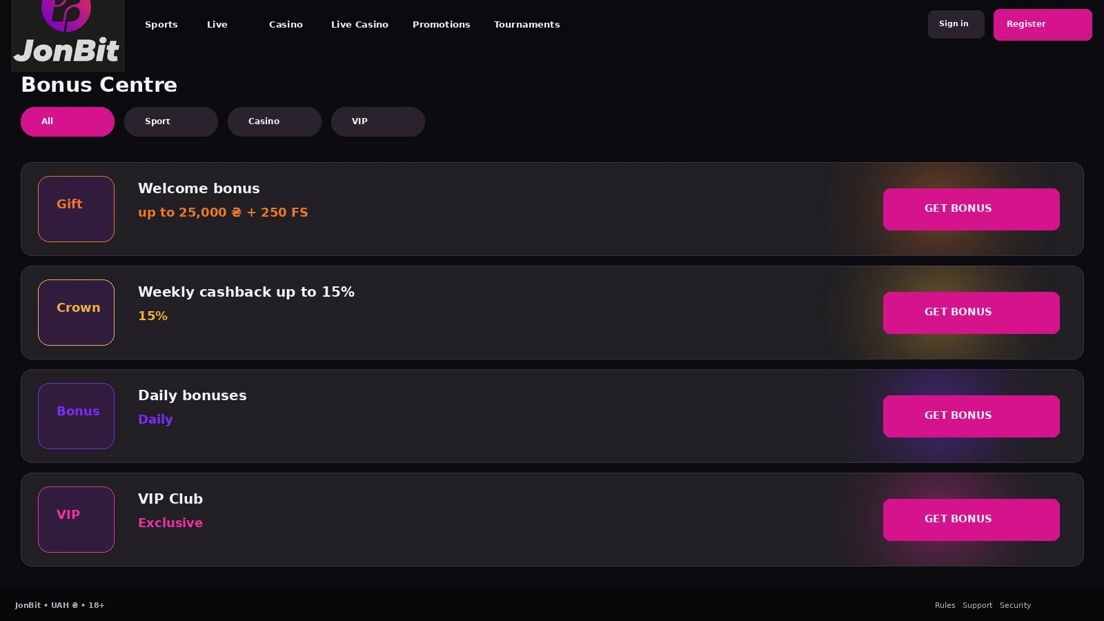 Bonus hub in the JohnBit player account showing wagering progress