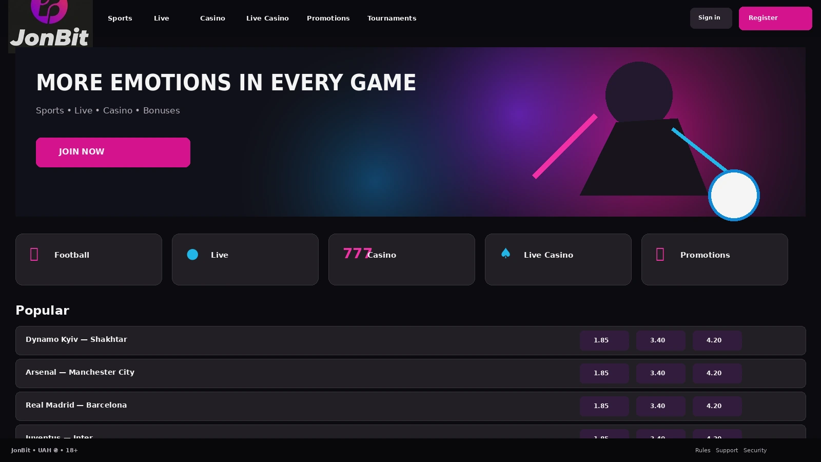 JohnBit homepage with sports and casino sections