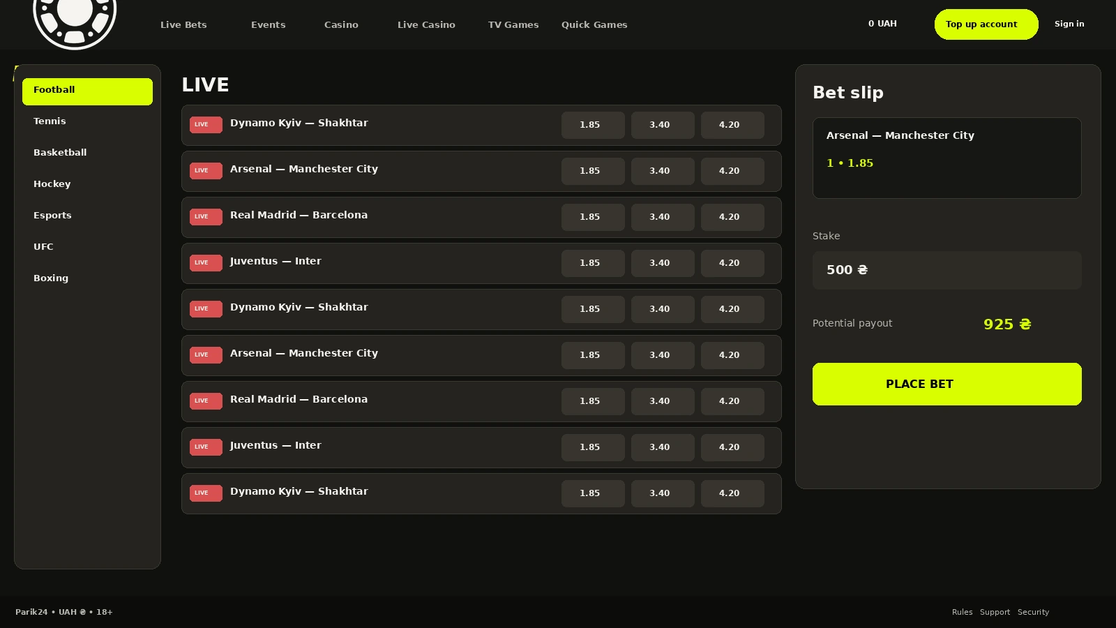 Bet builder and betting slip on the Parik24 website