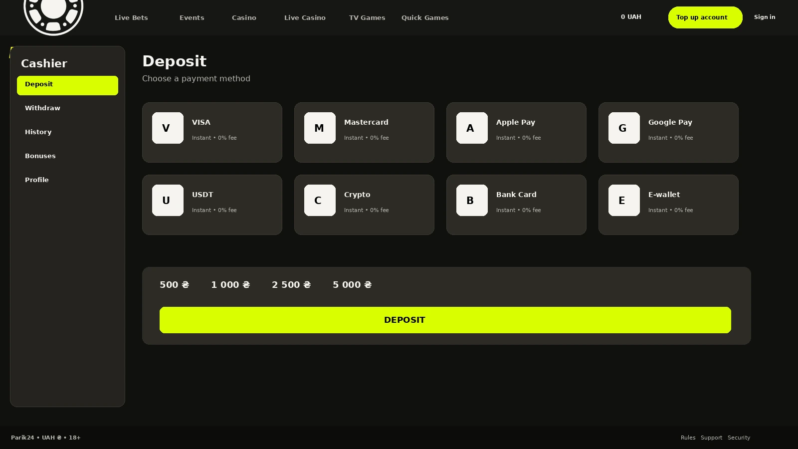 Cashier page with a list of Parik24 payment methods