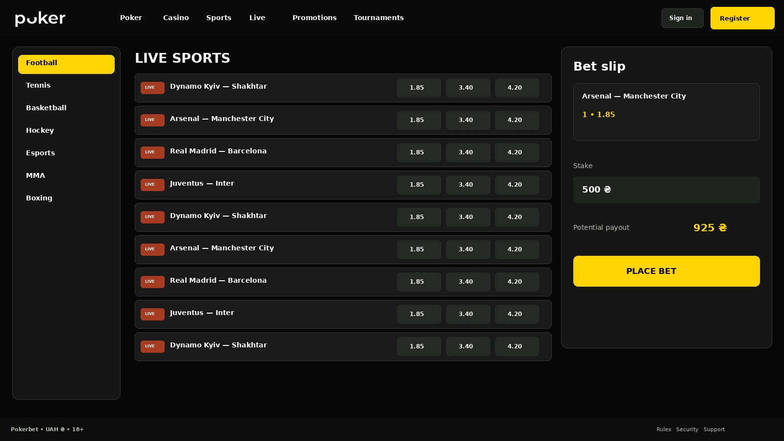 Pokerbet registration form with a choice of email or phone
