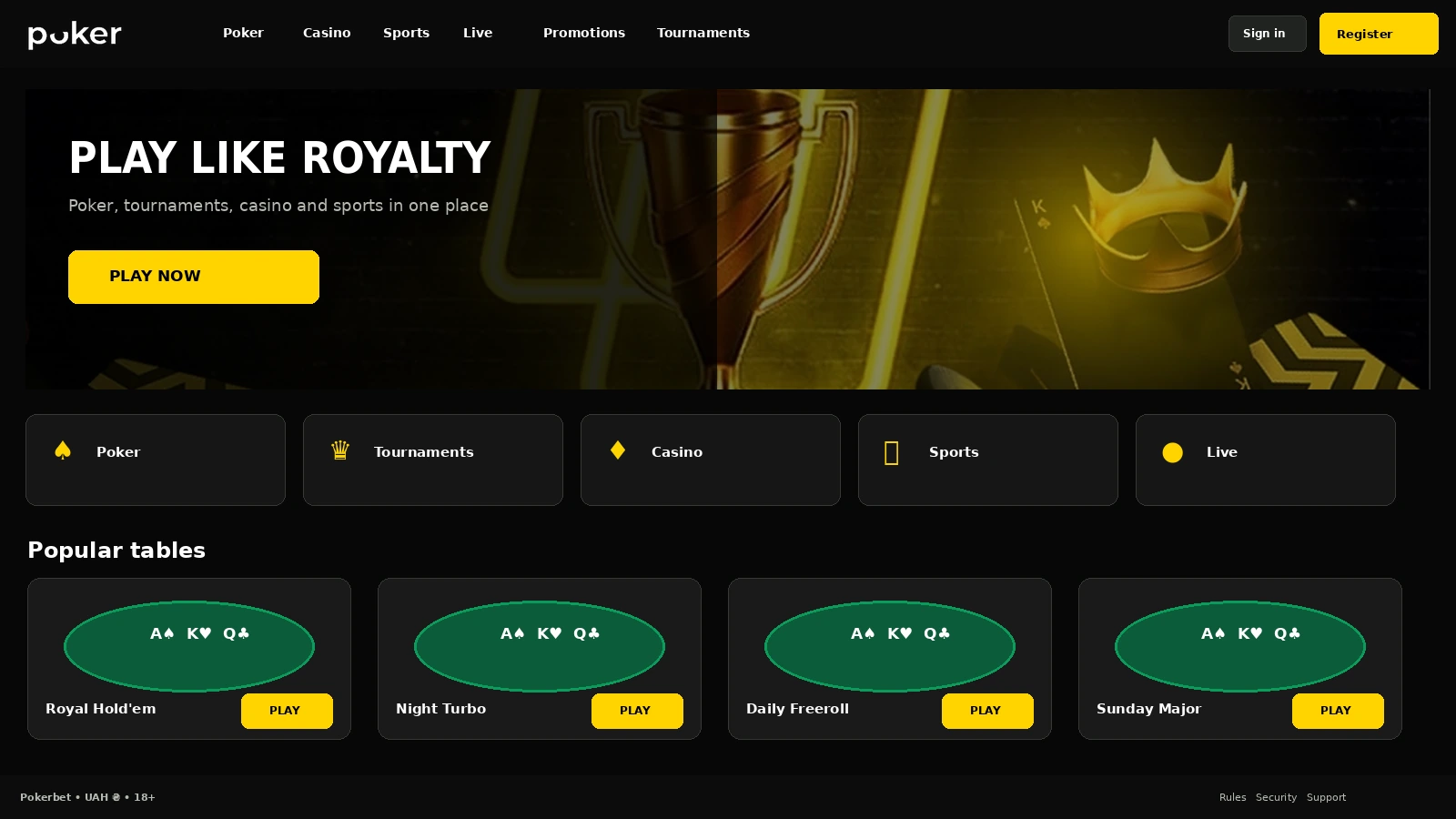 Pokerbet homepage with poker, casino and sports sections
