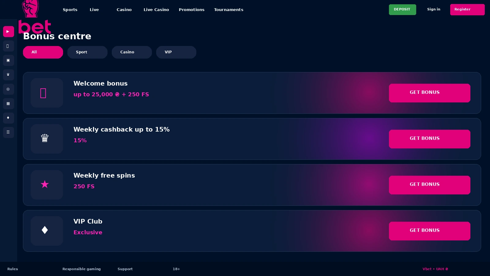 Bonus centre in the VBet player account showing wagering progress