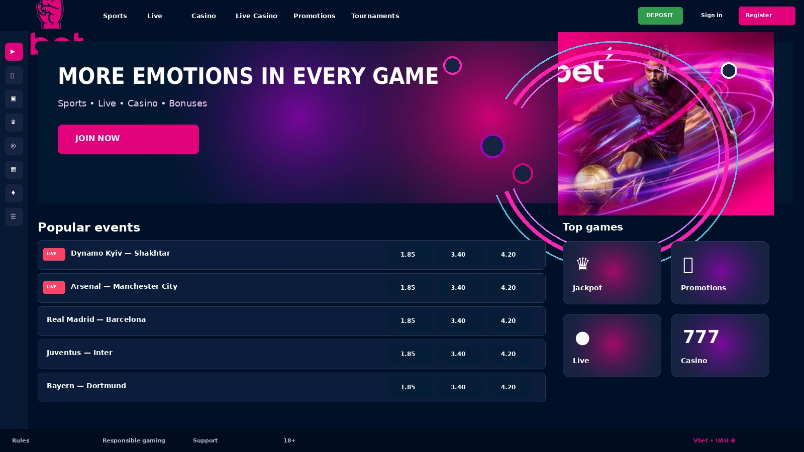 VBet home page with sports, casino and poker sections