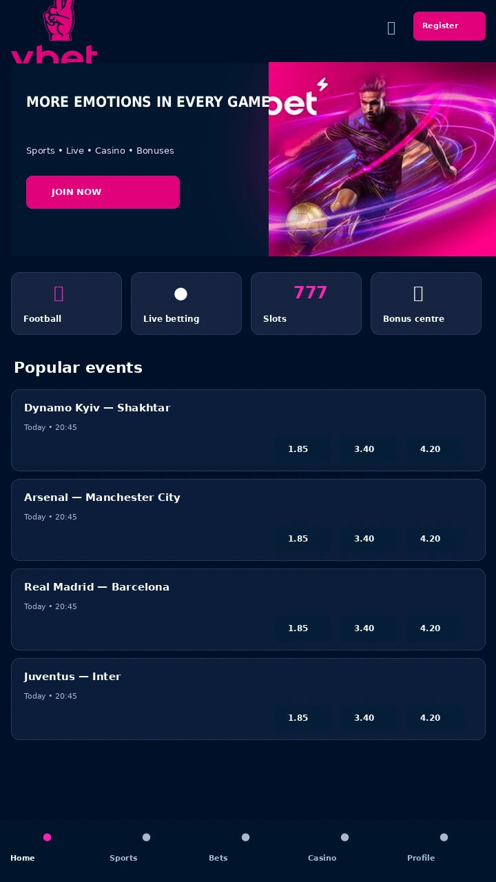 VBet mobile version on a smartphone with the betting line